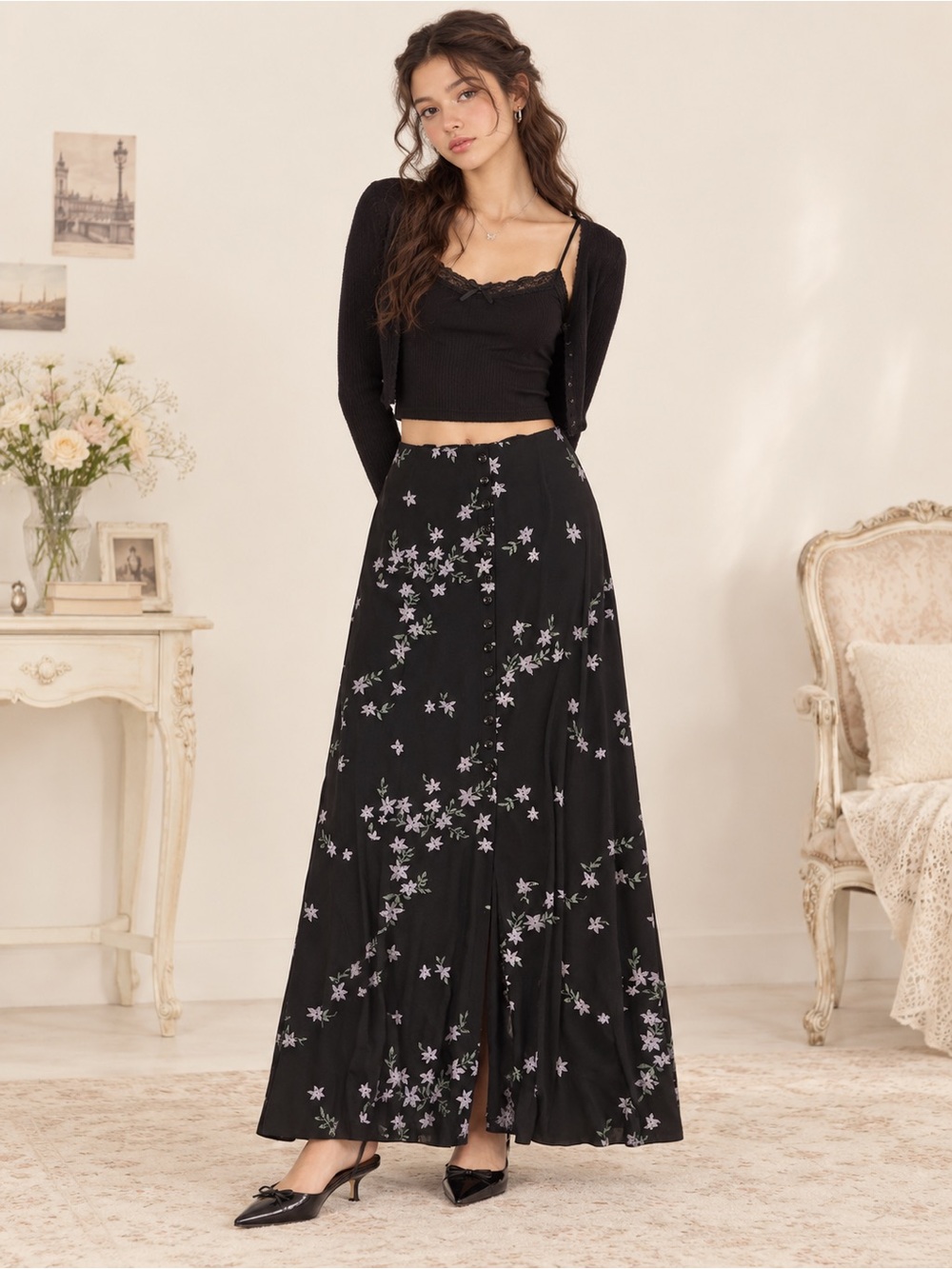 Vintage Black Floral Maxi A-Line SkirtHigh Rise Button Front Slit Y2K goth